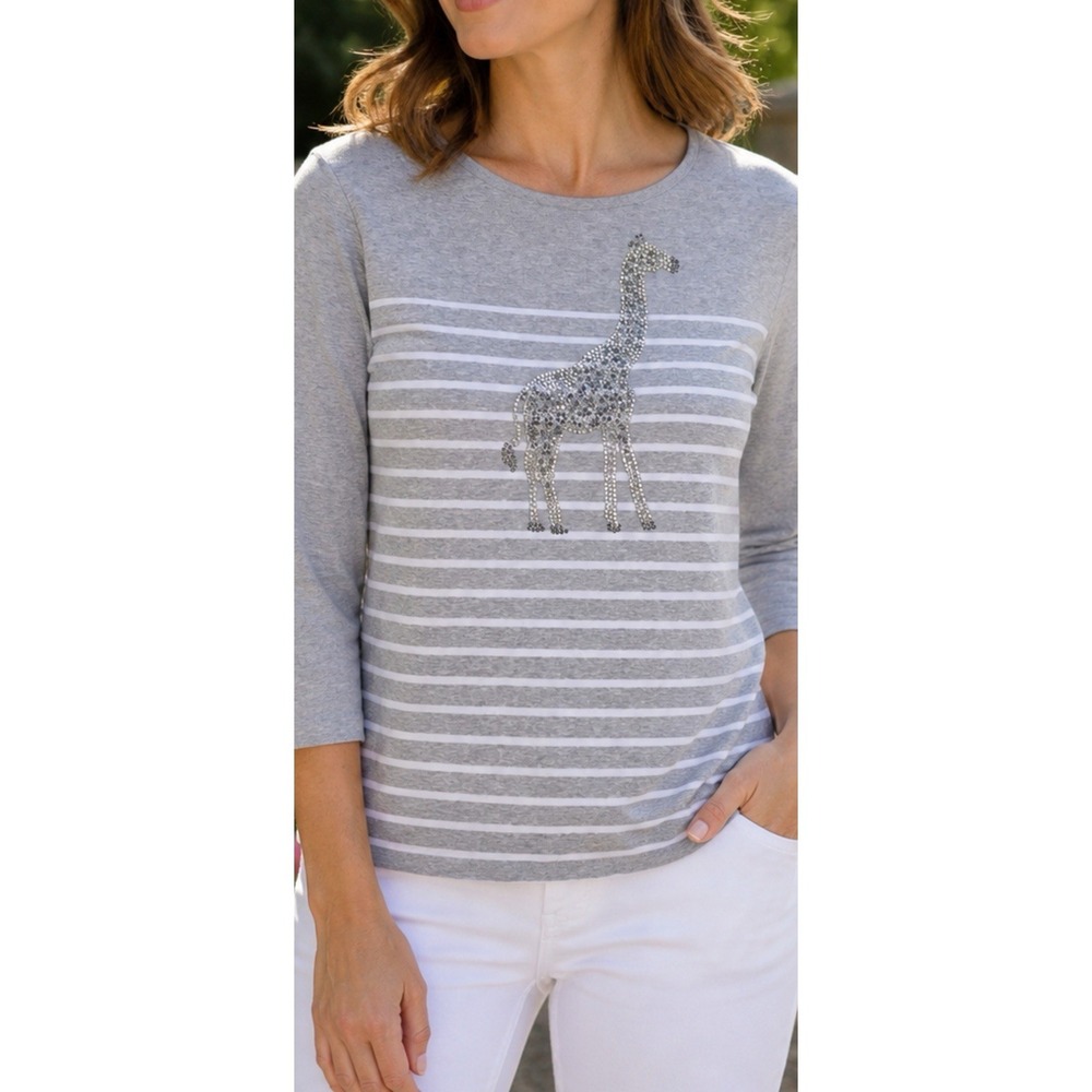 Karen Scott XL P‎ Women Striped Sequined 3/4 Sleeve Tee Giraffe Sparkle Supima